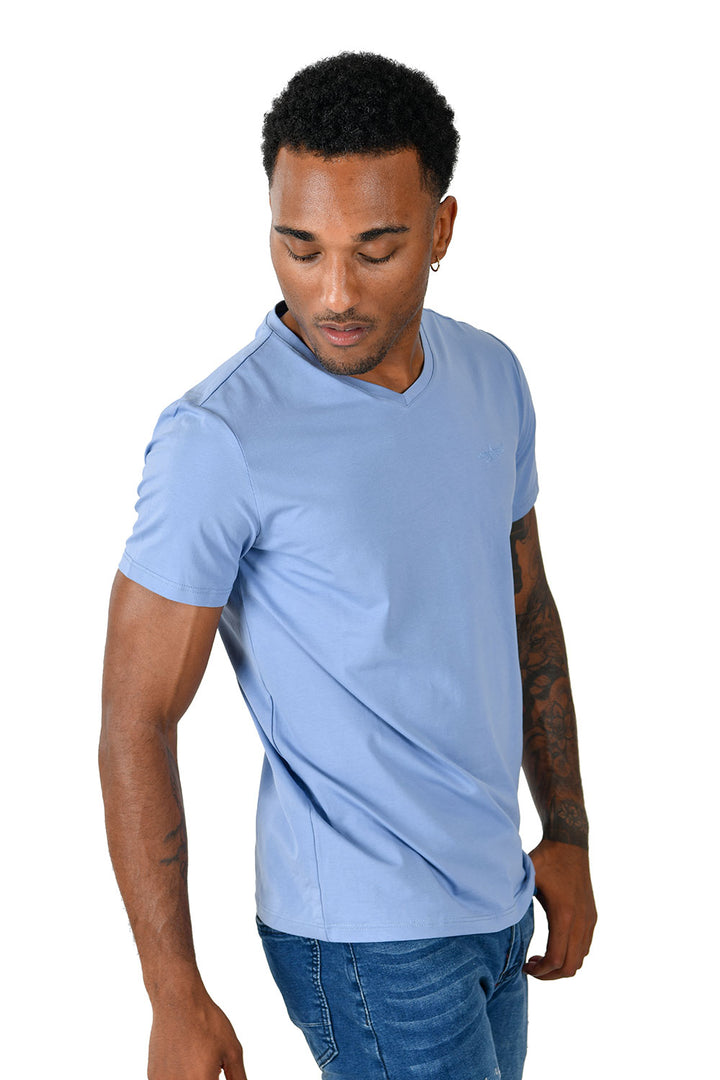 BARABAS Men's Solid Color V-neck T-shirts VTV216 Blue 