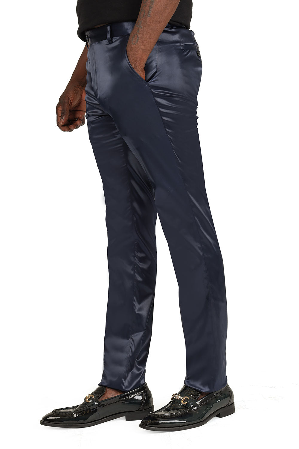 BARABAS Men's Solid Color Shiny Chino Pants VP1010 Navy