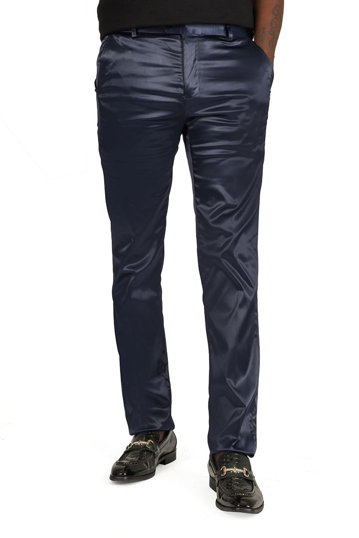 BARABAS Men's Solid Color Shiny Chino Pants VP1010 Navy