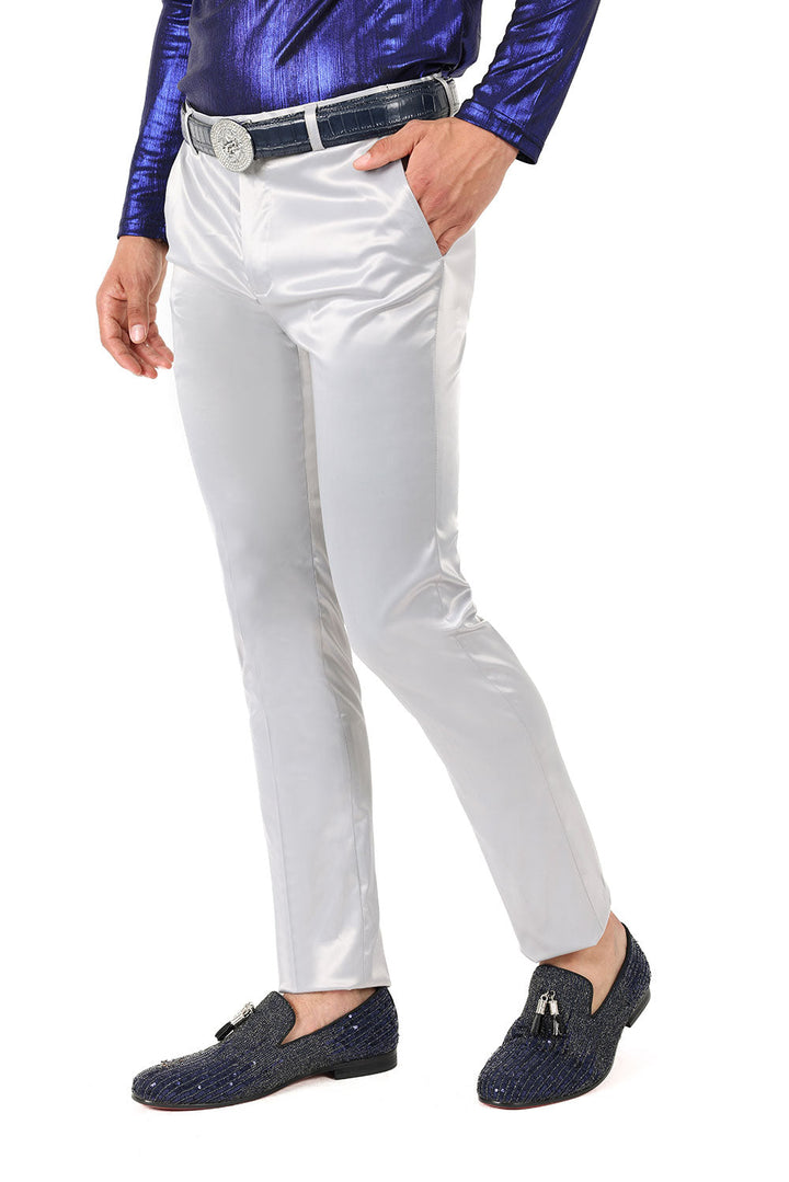 BARABAS Men's Solid Color Shiny Chino Pants VP1010 Silver