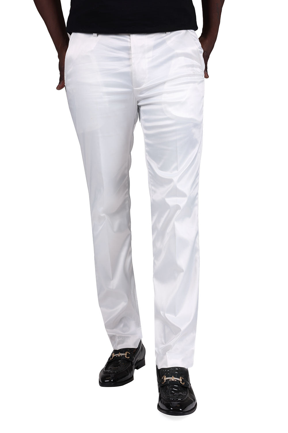 BARABAS Men's Solid Color Shiny Chino Pants VP1010 White