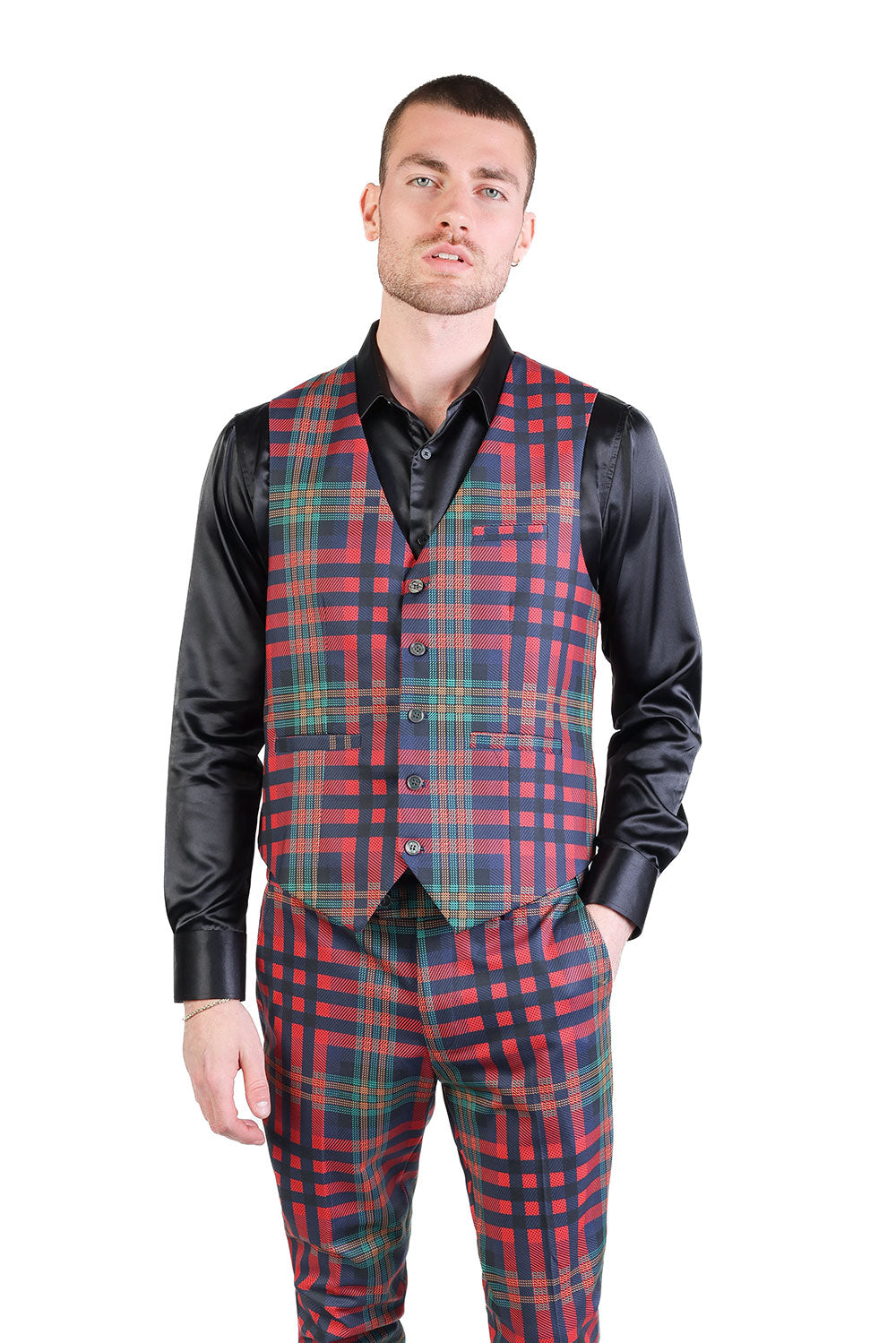 Barabas Men's Luxury Plaid Checkered Dress Slim Fit  Vests VP201 Burgundy