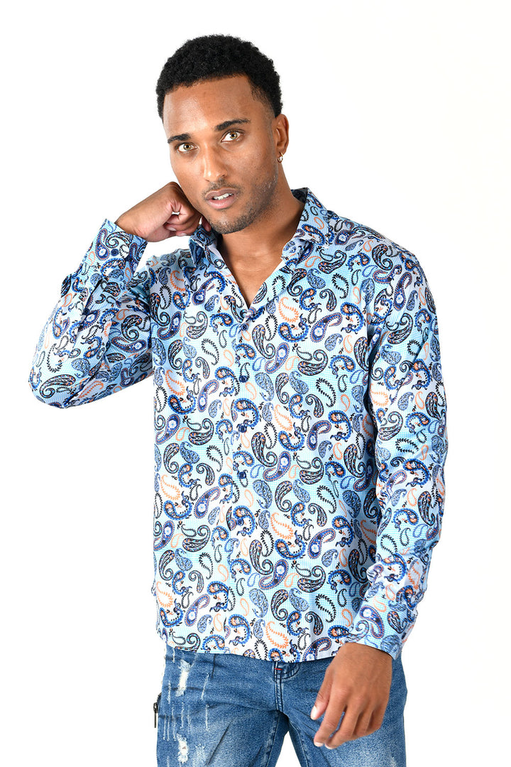 BARABAS Men's Printed Floral Paisley Design Blue White Shirts VS33