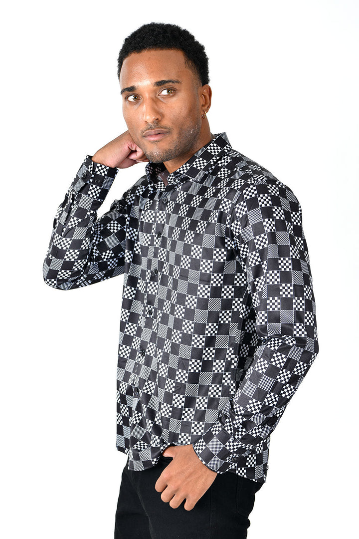 BARABAS Men's Printed black white gingham checkered Shirts VS34