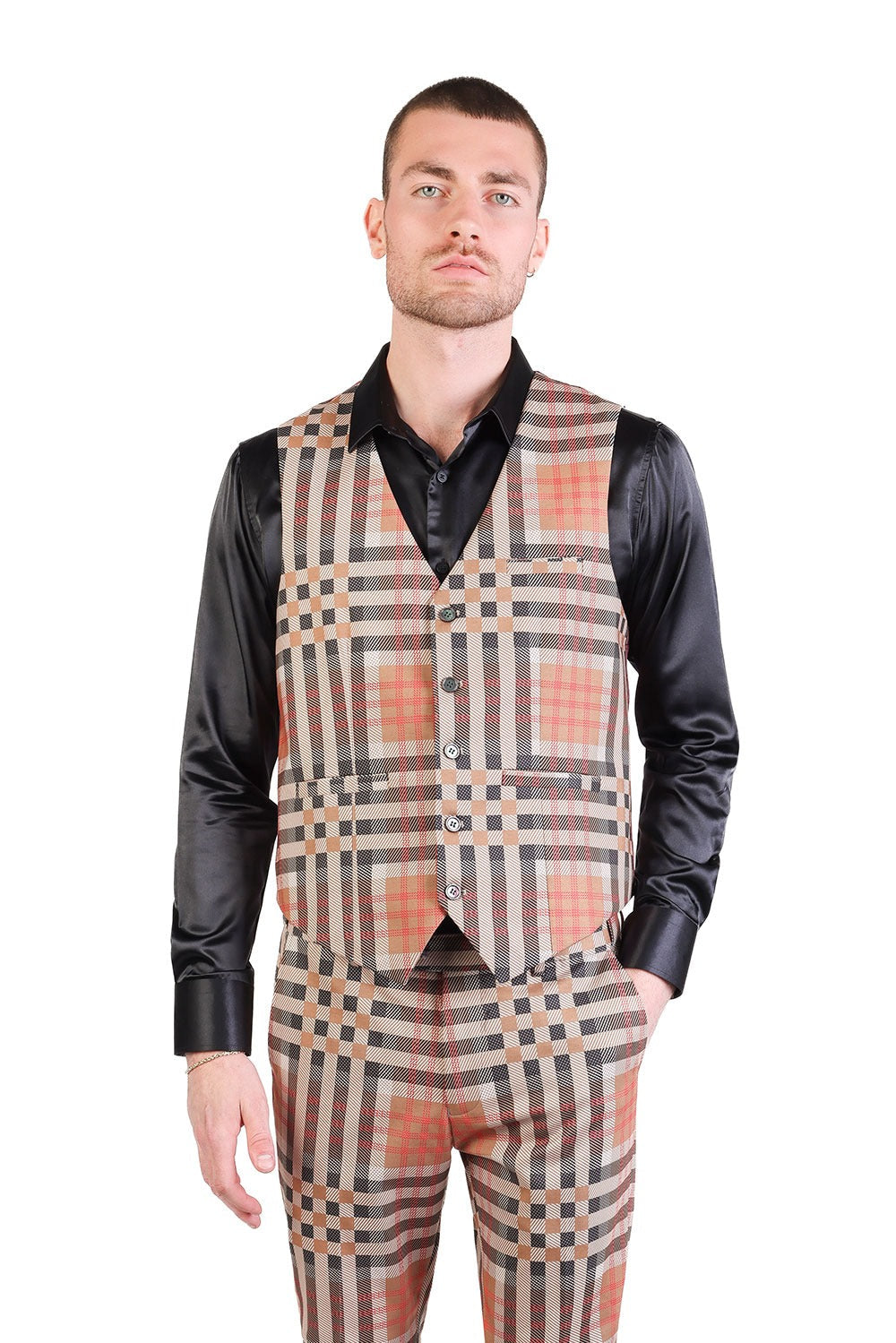 Barabas Men's Luxury Plaid Checkered Dress Slim Fit  Vests VP201 Cream