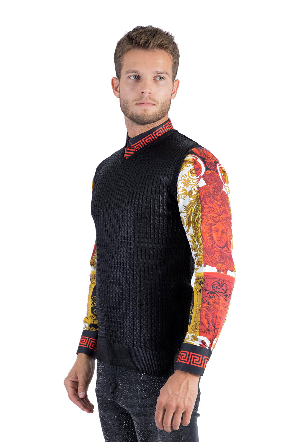 BARABAS Men's Shiny Sleeveless Fisherman Knitted Sweater Vest WV201 Black