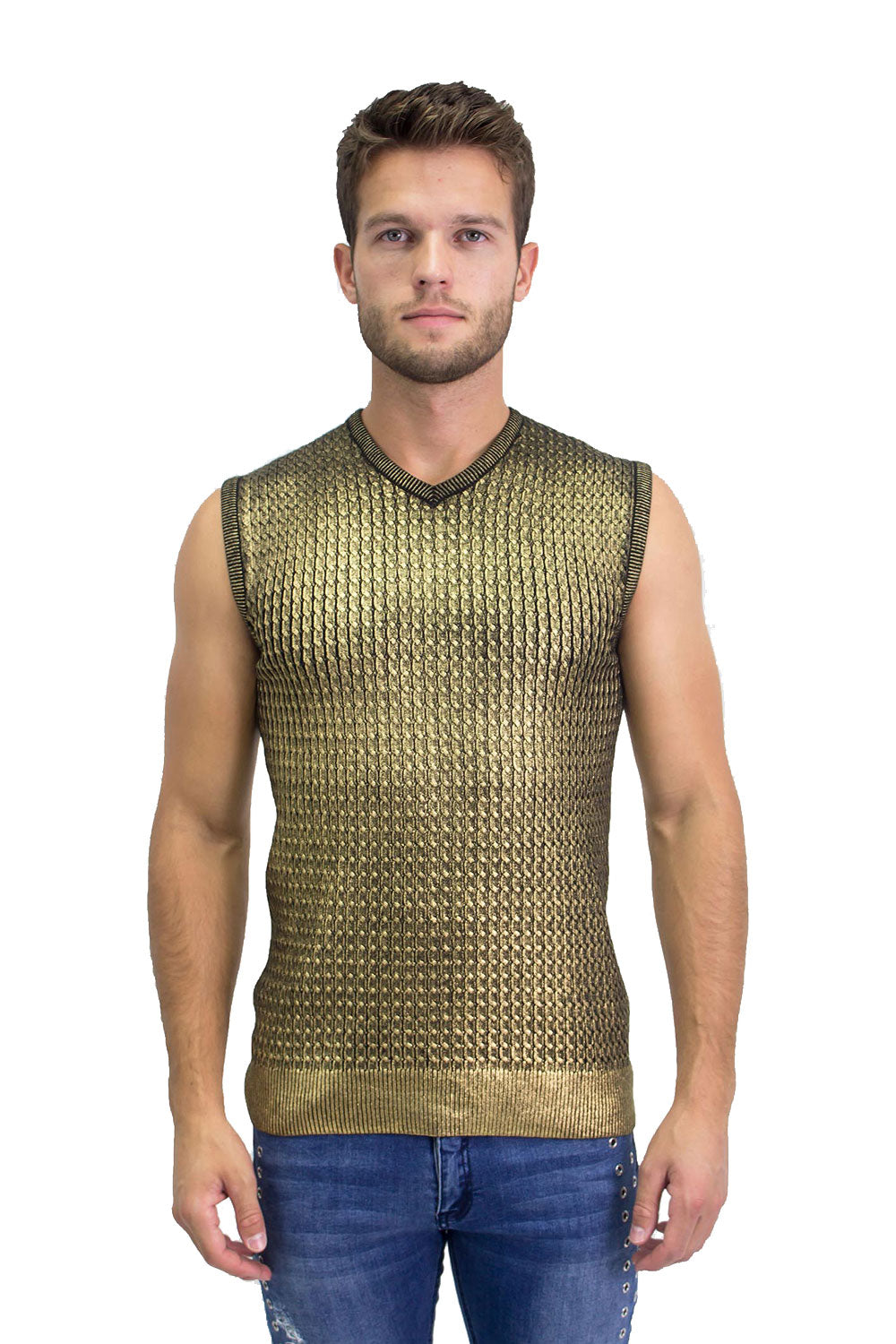 BARABAS Men's Shiny Sleeveless Fisherman Knitted Sweater Vest WV201 Gold