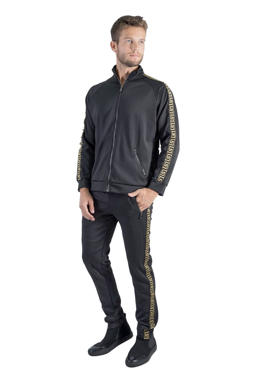 BARABAS Men's Greek Key Pattern  Black Gold Joggers SP100