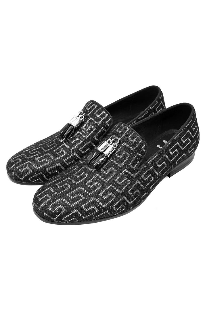 BARABAS Men's Rhinestone Greek key Pattern Tassel Loafer Shoes SH3087 Black Silver