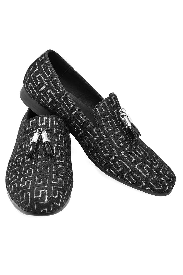 BARABAS Men's Rhinestone Greek key Pattern Tassel Loafer Shoes SH3087 Black Silver